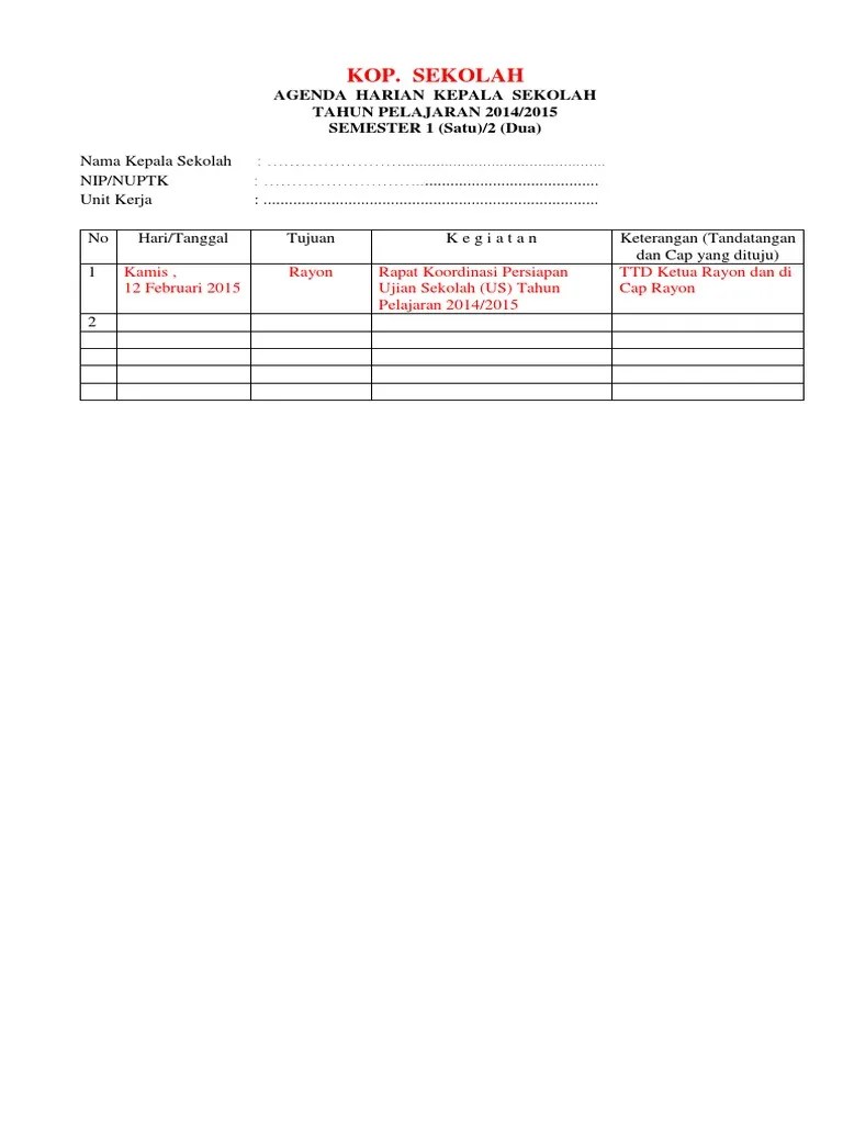 Contoh Laporan Kegiatan Harian Kepala Sekolah Sd