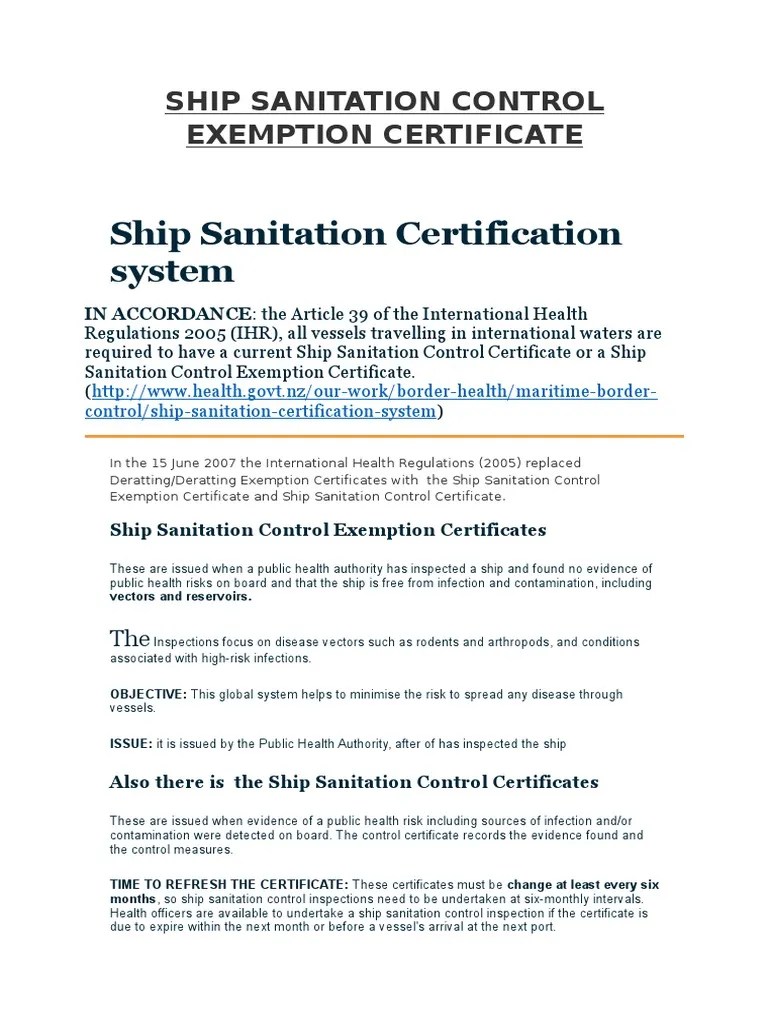 Ship Sanitation Control Exemption Certificate Sanitation Public Health