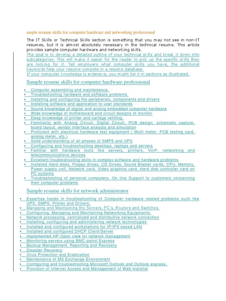 Sample Resume Skills For Computer Hardware and Networking Professional