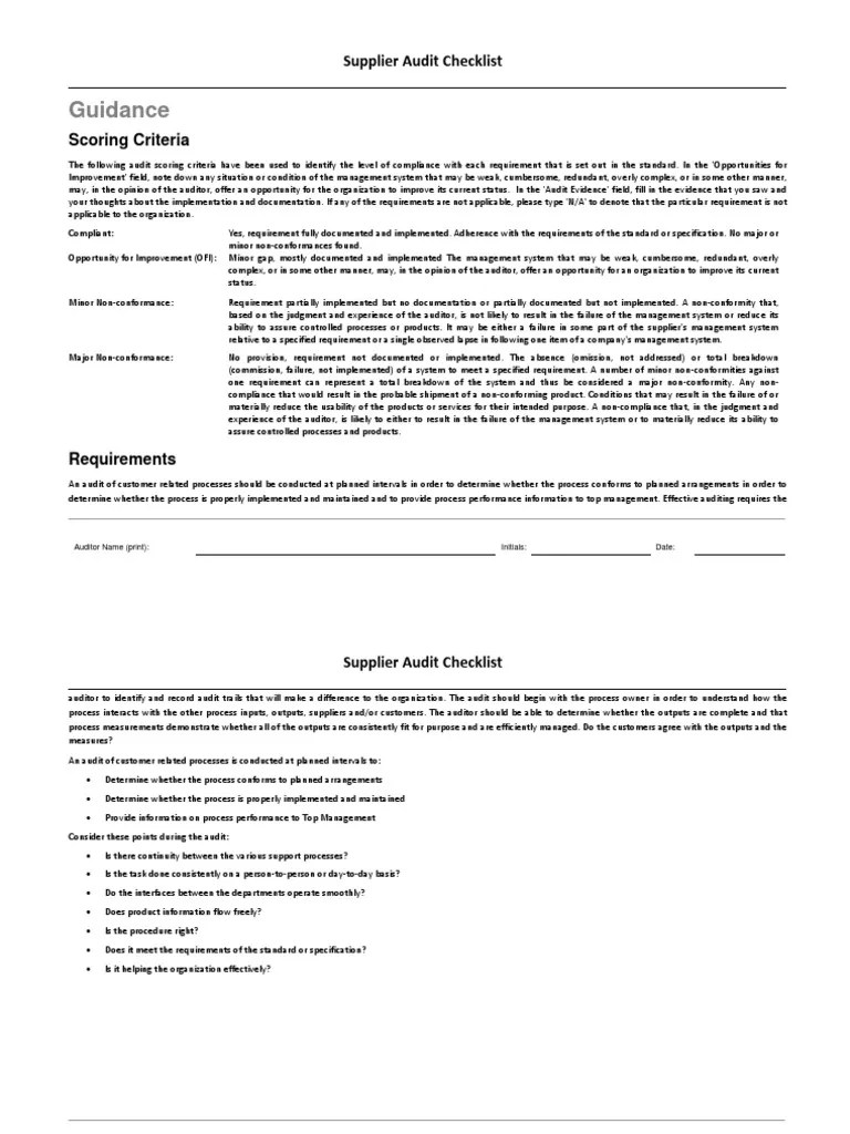 Supplier Audit Checklist Audit Reliability Engineering