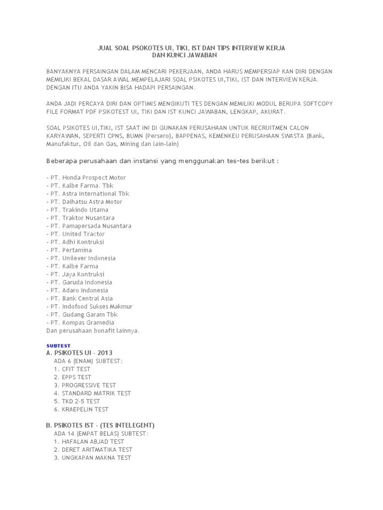 Ma dai! 35+ Fatti su Contoh Soal Tes Psikotes Pt Kalbe