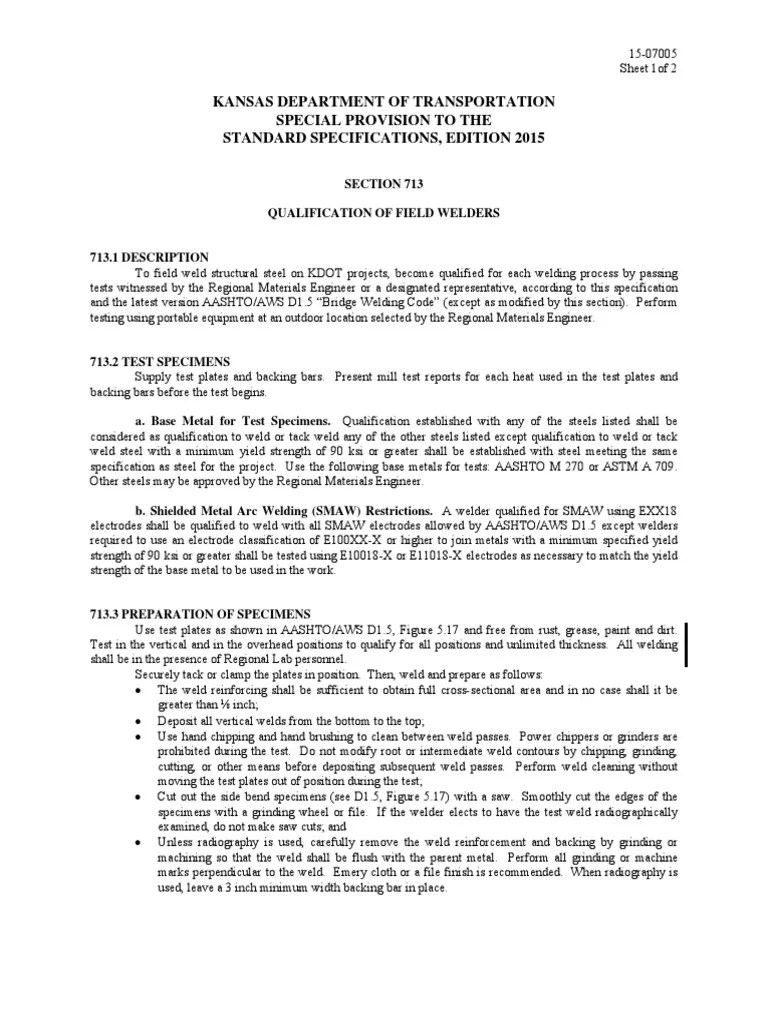 Kansas Department of Transportation Special Provision To The Standard Specifications, Edition