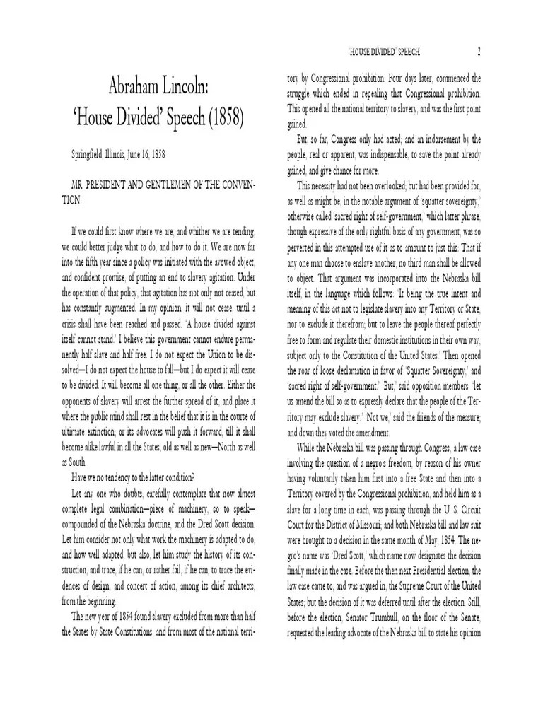 Lincoln House Divided Speech PDF United States Constitution