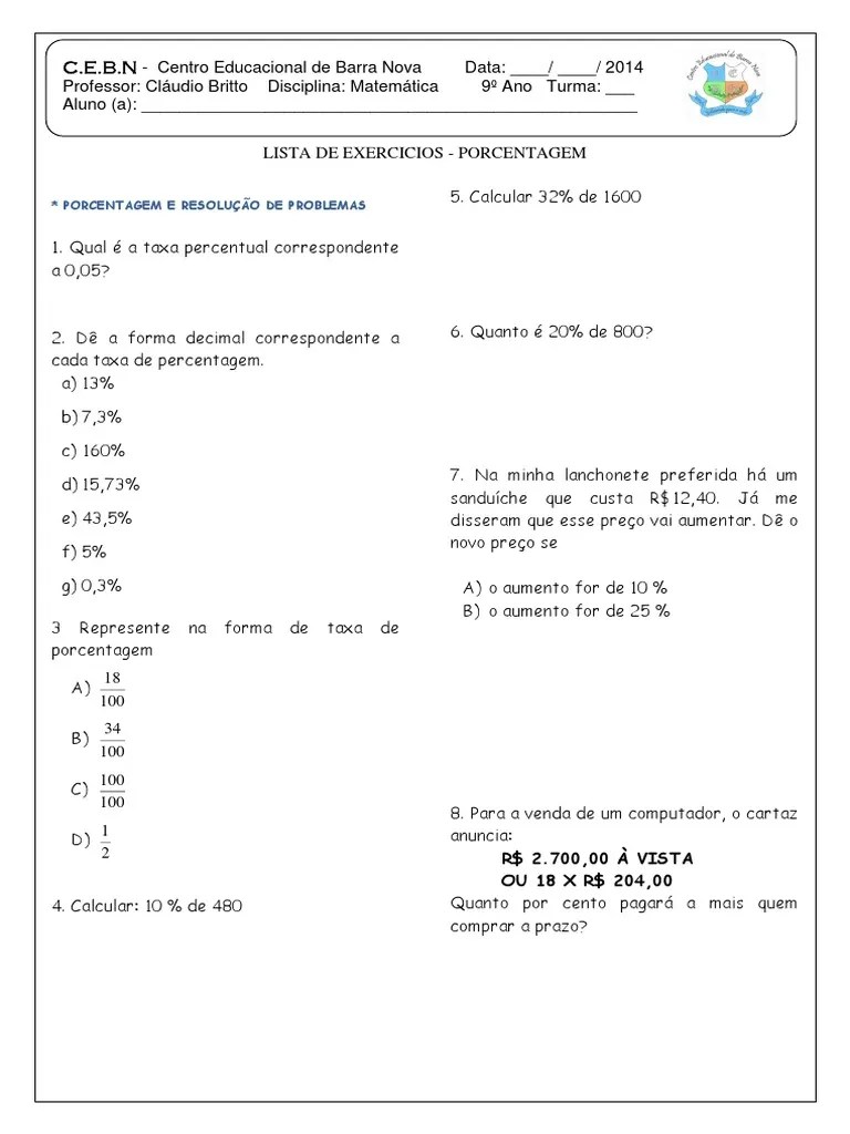 LISTA DE EXERCICIOS PORCENTAGEM.docx Percentagem Salário