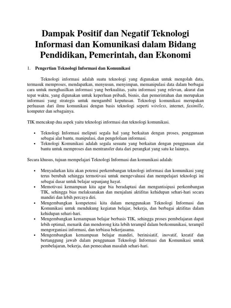 Dampak Positif Dan Negatif Teknologi Informasi Dan Komunikasi Dalam