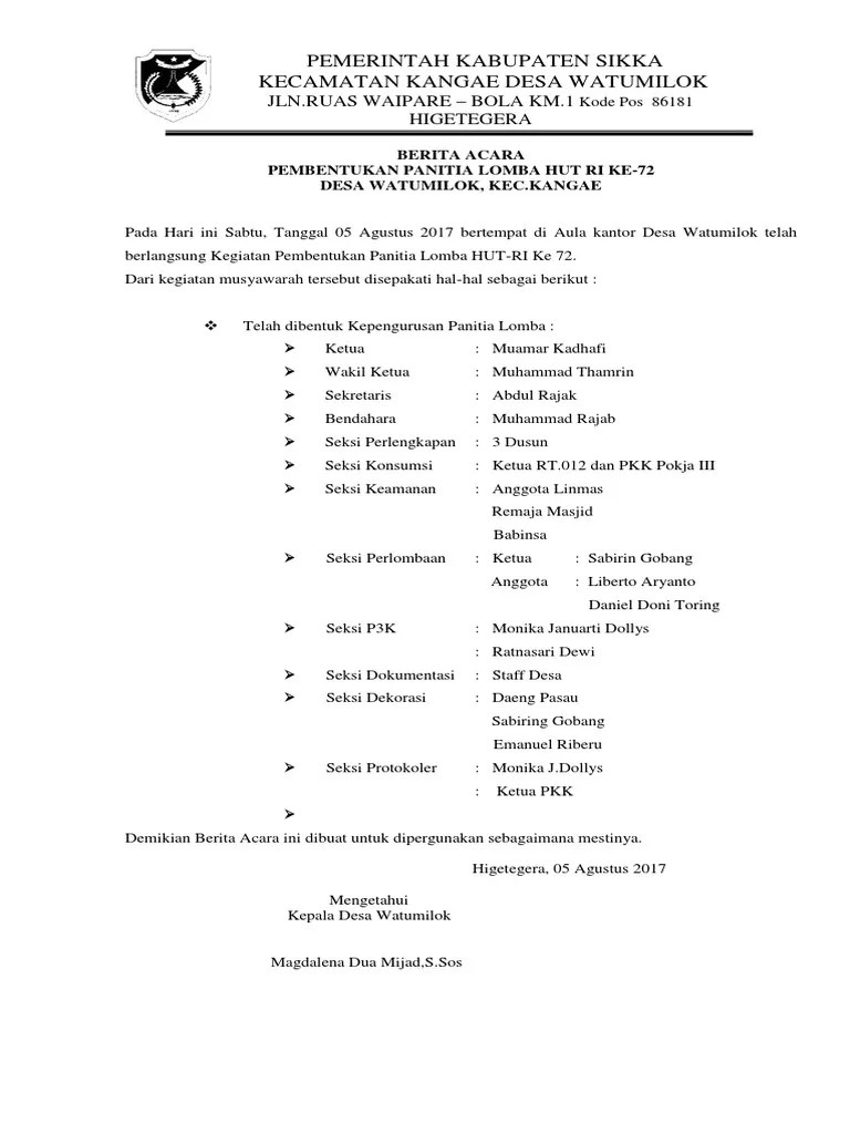 Berita Acara Panitia Hut Ri Ke 72 | PDF