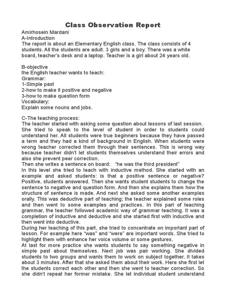 Class Observation Report Classroom Teachers