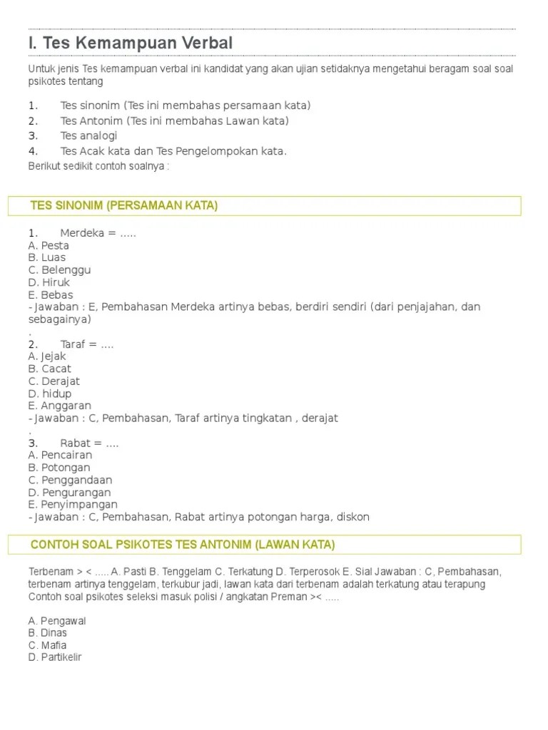 Contoh Tes Psikotes Sinonim Dan Antonim Barisan Contoh