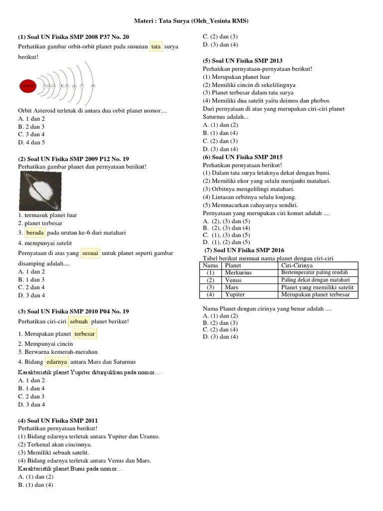 Soal Tata Surya Unbk Smp Beserta Jawaban