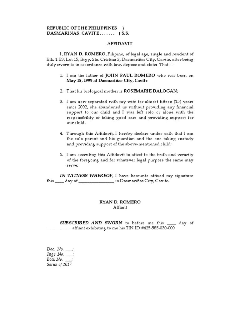 Affidavit Solo Single Parent PDF Affidavit Civil Law Law)