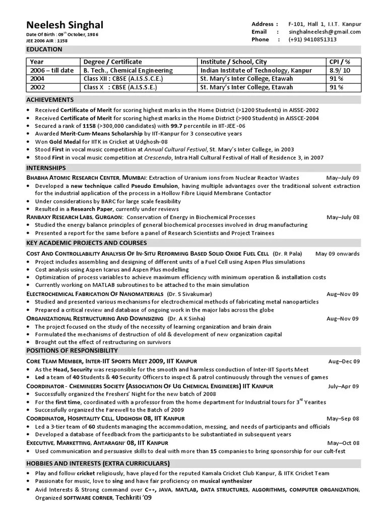 Neelesh CV Resume making sample IIT Kanpur Chemistry Energy And