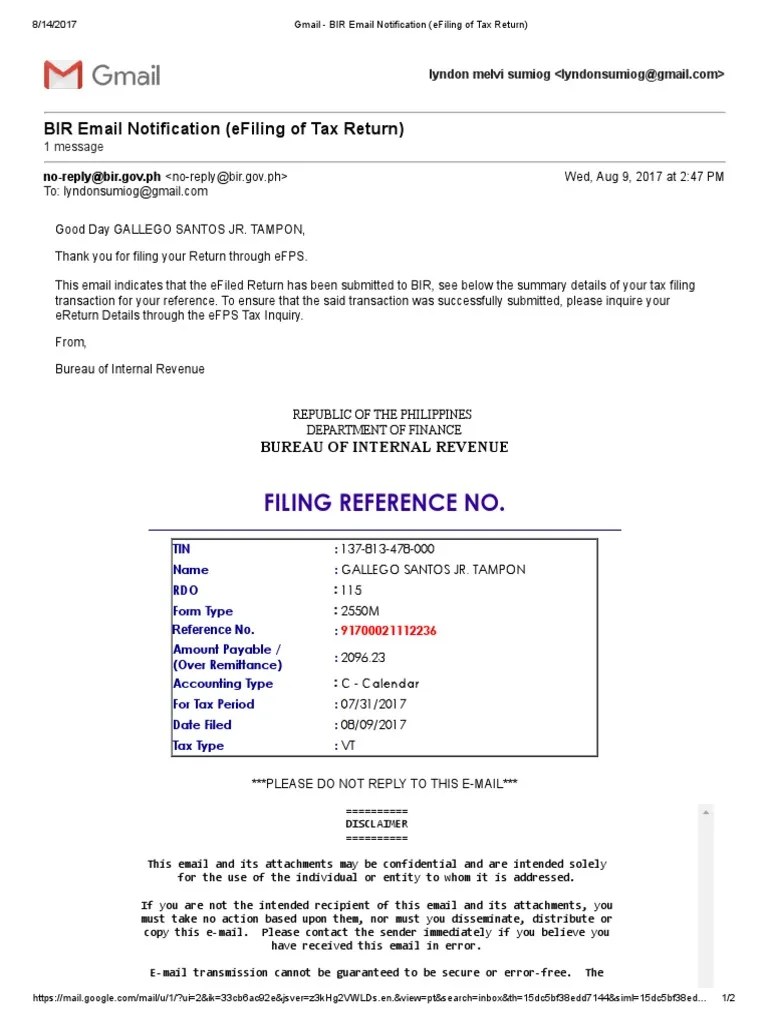 MVAT 072017 BIR Email Notification (EFiling of Tax Return) Email Gmail