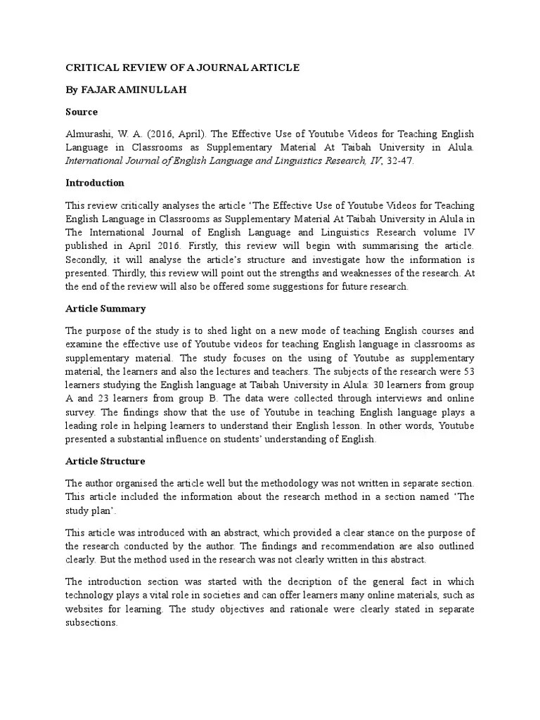 Critical Review of A Journal Article Survey Methodology Qualitative