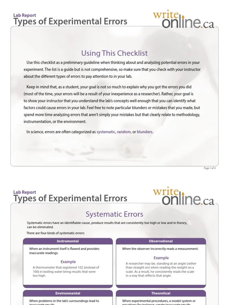 Types of Experimental Errors Using This Checklist PDF