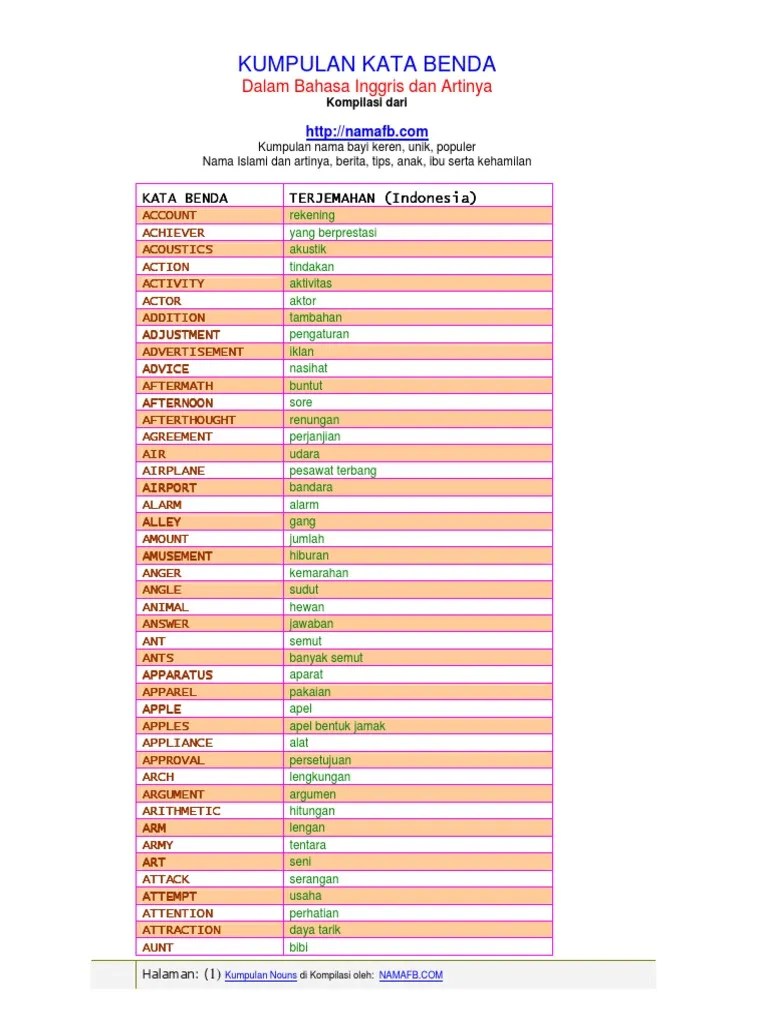 Kumpulan Kata Benda Nouns Inggris1 PDF | PDF