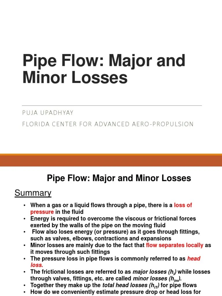 Pipe Flow Major and Minor Losses Puja Upadhyay Florida Center For