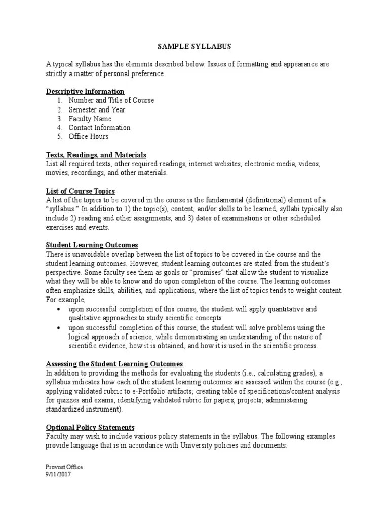 Sample Syllabus Syllabus Academic Dishonesty