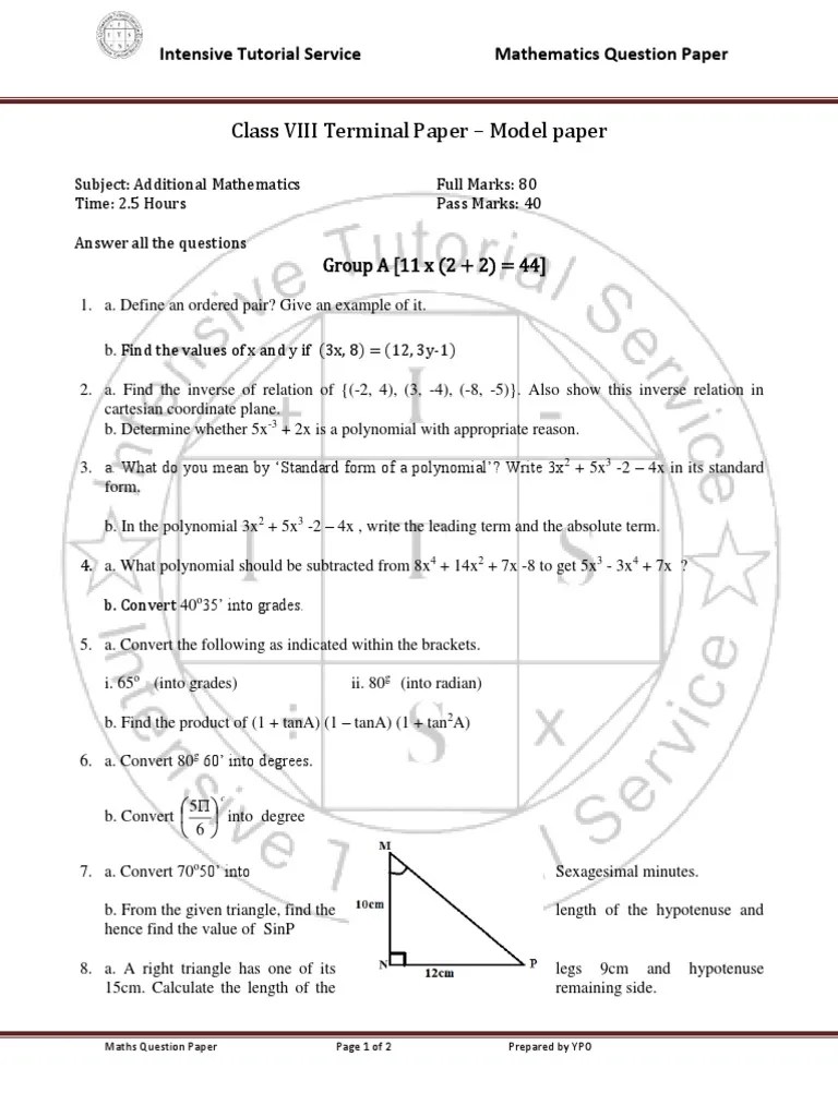 Its Class 8 Maths Model Question Terminal Paper 1 PDF Sine Triangle