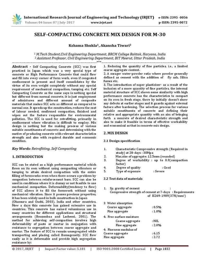 Concrete Mix Design for M30 Concrete Cement