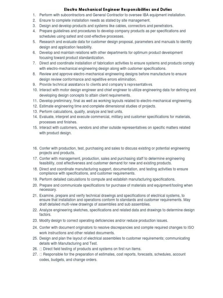Electro Mechanical Engineer Responsibilities and Duties Hvac