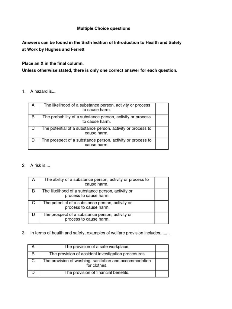 Multiple Choice Questions Occupational Safety And Health Safety