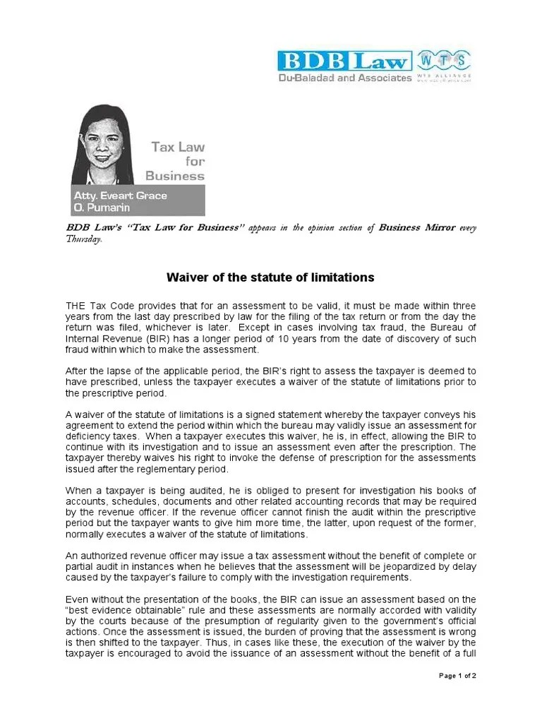 Waiver of Statute of Limitation PDF Statute Of Limitations Taxpayer