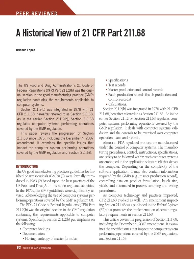 A Historical View of 21 CFR Part 211.168 Verification And Validation