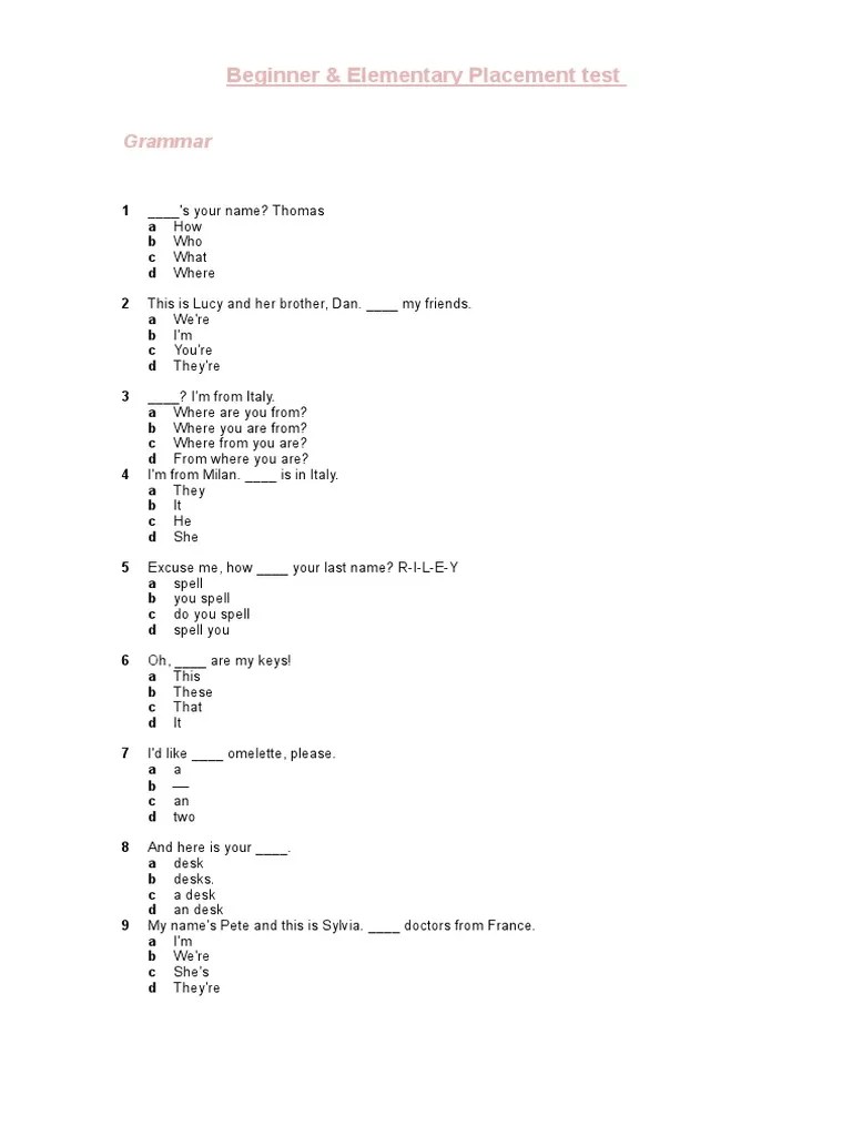 Beginner Elementary Placement Test2 PDF