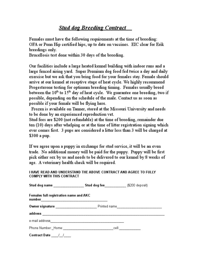 Stud Dog Breeding Contract PDF