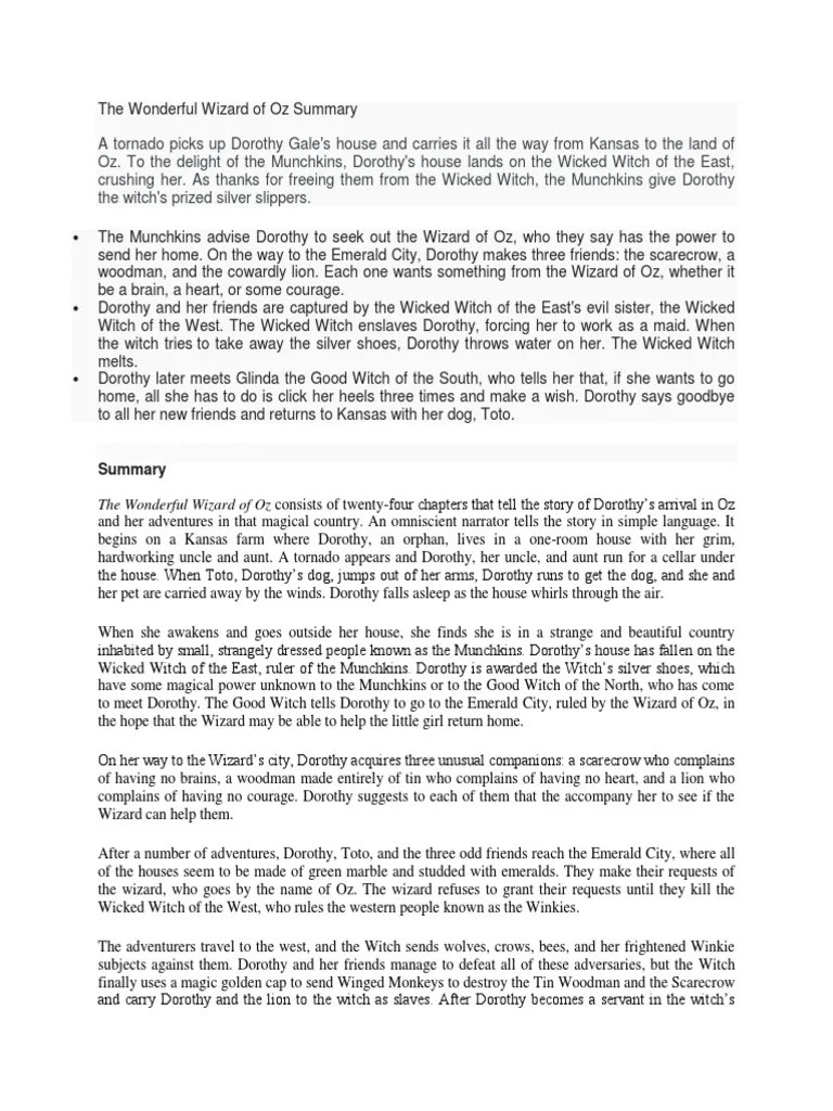 The Wonderful Wizard of Oz Summary Dorothy Gale The Wonderful