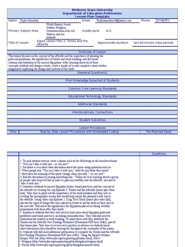 lesson plan template taylor hamilton0 1 Ancient Egyptian Religion Lesson Plan Free 30day