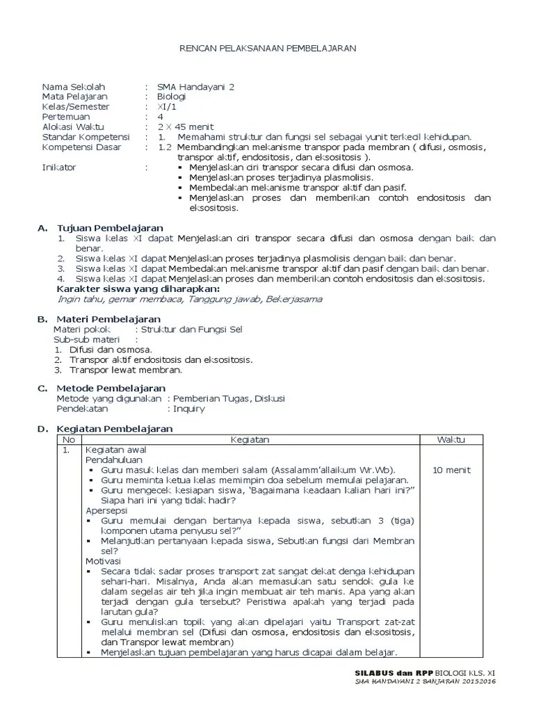 RPP BIOLOGI KLS XI KD 1.3 Transport Melalui Membran Sel | PDF