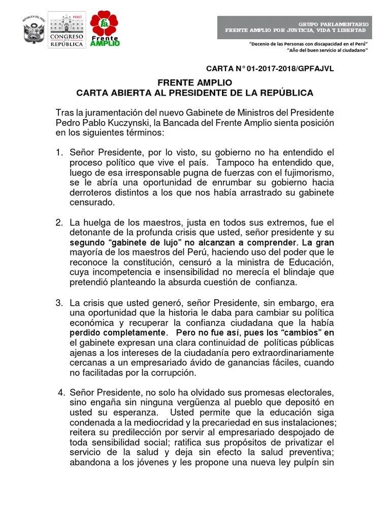 CARTA ABIERTA AL PRESIDENTE DE LA REPÚBLICA Peru Politics