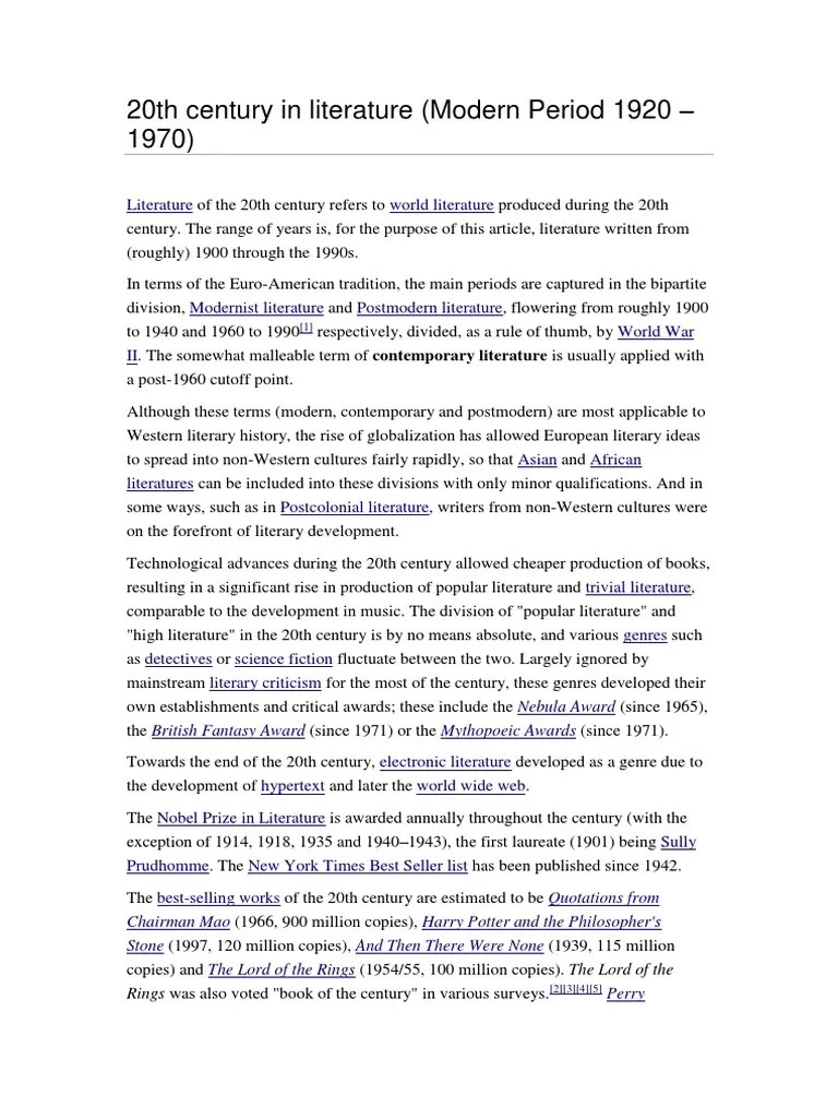20th Century in Literature Modern Period 1920 1970 English
