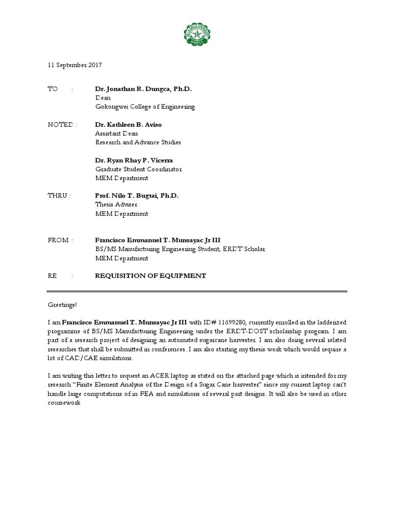 Letter Of Request For Equipment