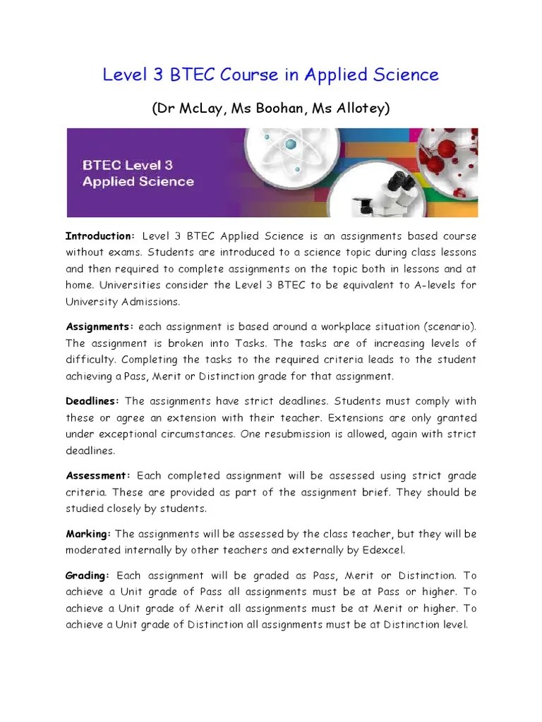 A Guide to the Level 3 BTEC Applied Science Course Structure