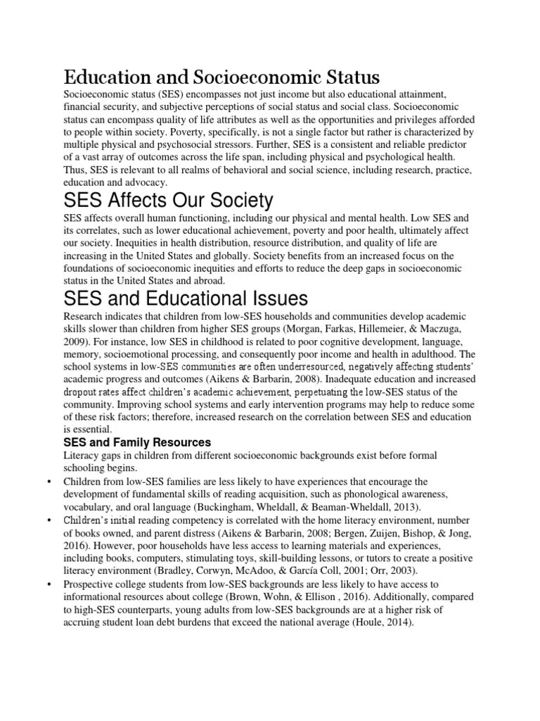 Education and Socioeconomic Status Socioeconomic Status Psychology