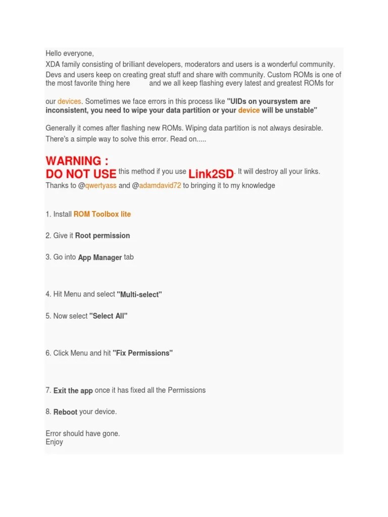 Warning Do Not Use Link2SD Devices PDF Games & Activities
