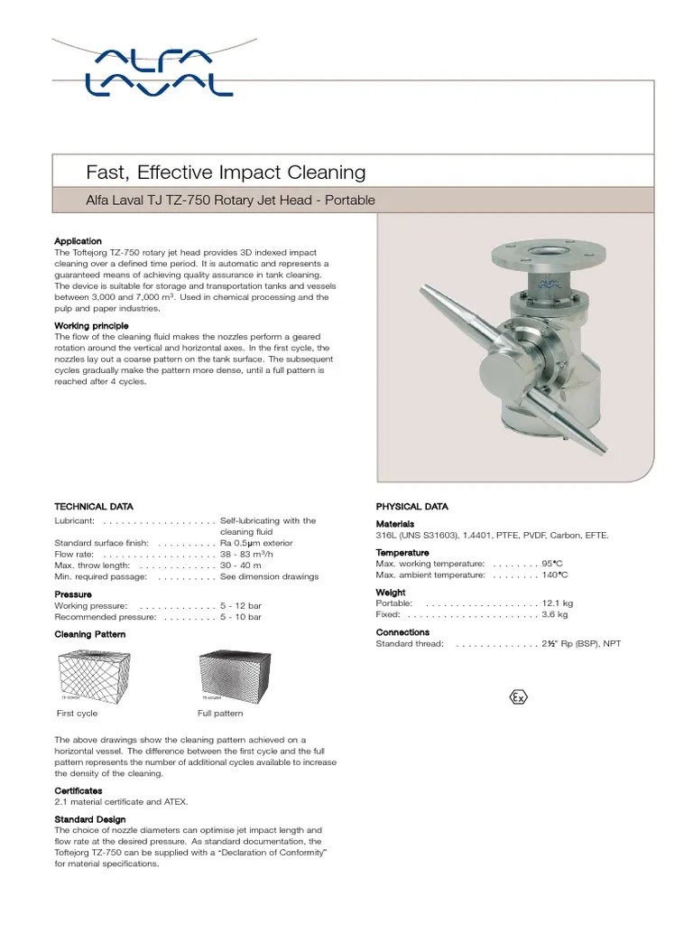 Alfa Laval TJ TZ 750 Rotary Jet Head Portable Product Leaflet Ese00312