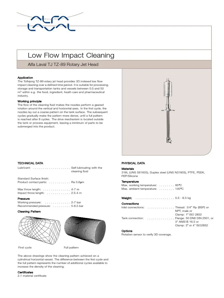Alfa Laval TJ TZ 89 Rotary Jet Head Product Leaflet Ese00327 PDF