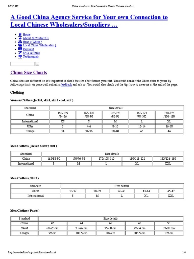 China Size Charts, Size Conversion Charts, Chinese Size Chart