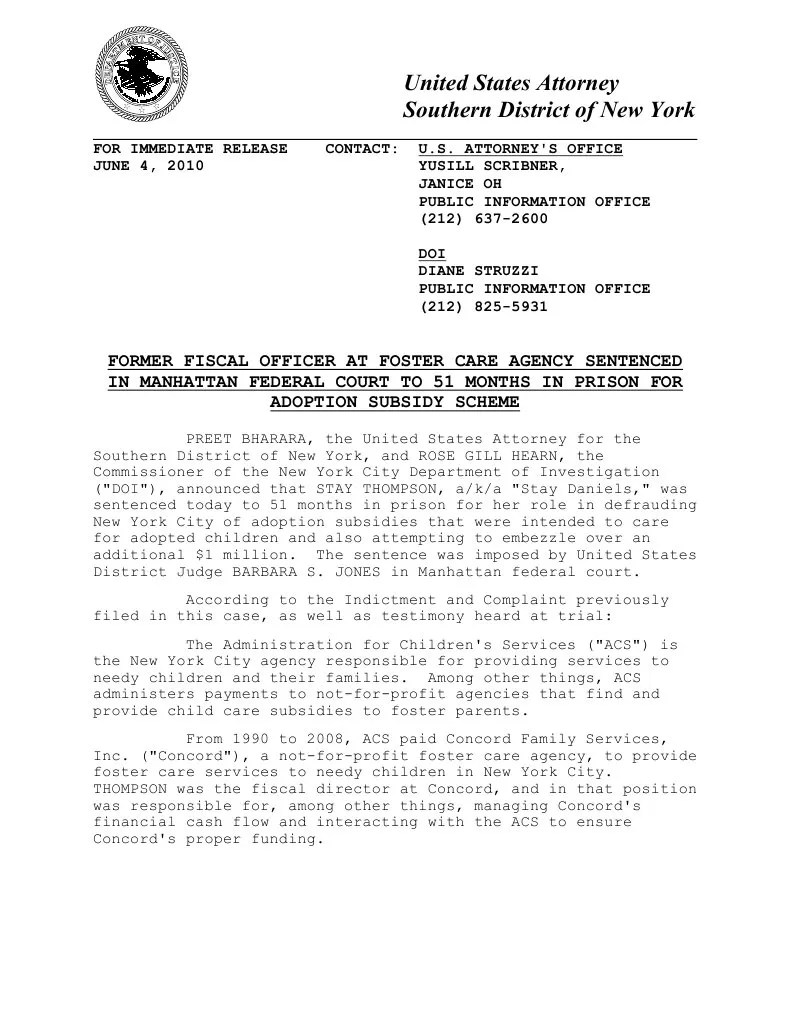 New York Adoption Subsidy Scheme DOJ Press Release United States