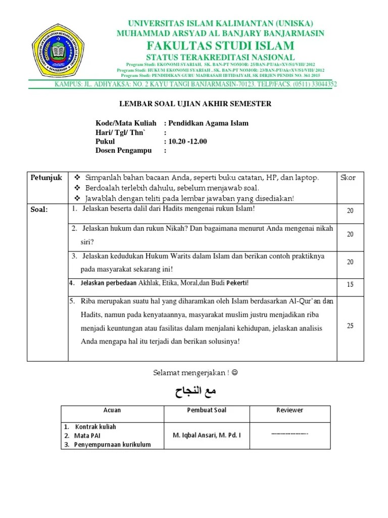 Soal Uas Agama Islam Kuliah Semester 1