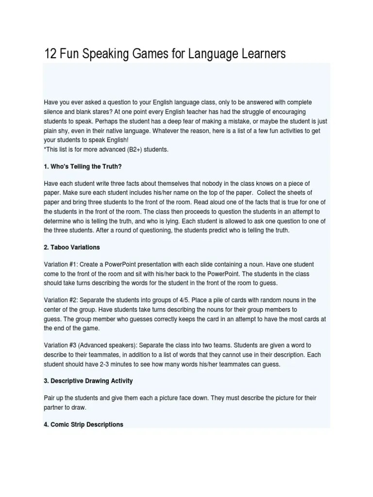 12 Fun Speaking Games For Language Learners PDF Truth Storytelling