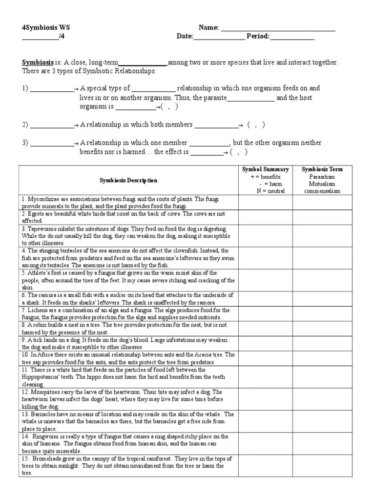 Symbiosis Worksheet | Symbiosis | Biological Interactions