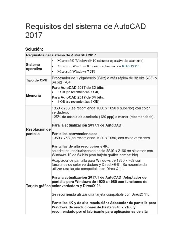 Requisitos Del Sistema de AutoCAD 2017 Computación de 64 bits