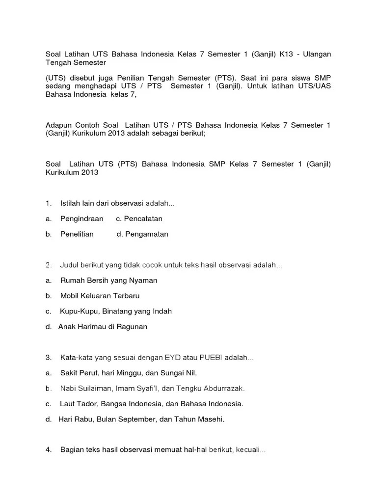 Soal Latihan UTS Bahasa Indonesia Kelas 7 Semester 1 K13 PDF