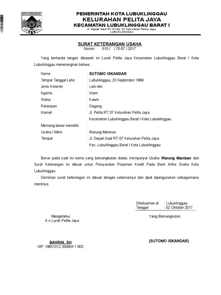 Syarat Surat Keterangan Usaha Kelurahan Kumpulan Contoh Surat