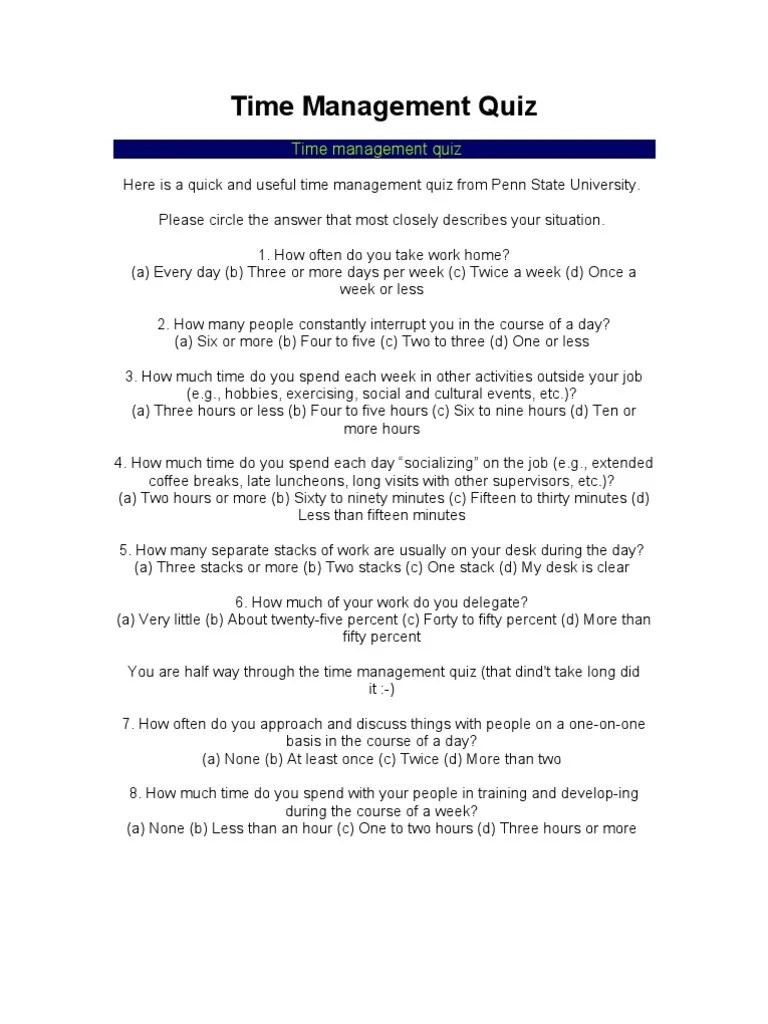 Time Management Quiz PDF Time Management Professional Skills