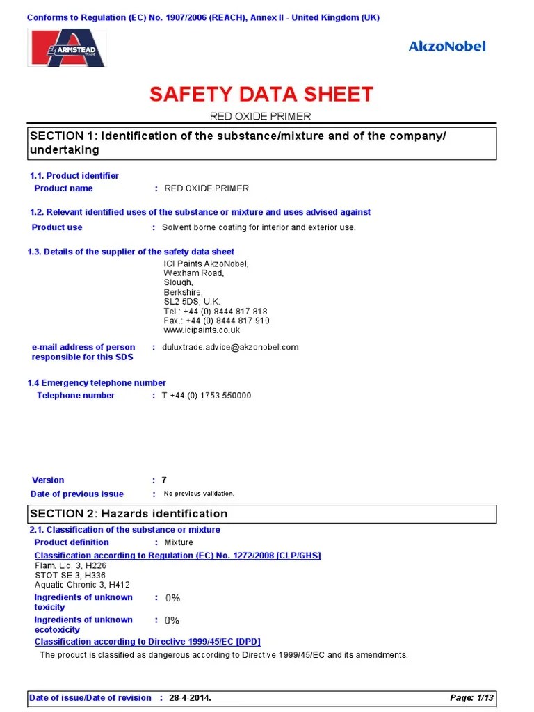 Canon Red Oxide Primer MSDS Toxicity Waste Management